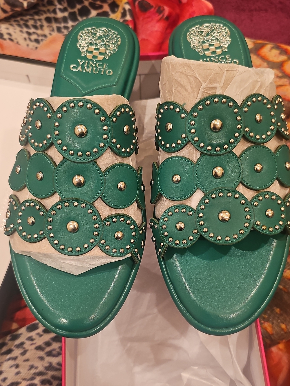 Vince Camuto Teal Green Stud-Embellished Slide Mules